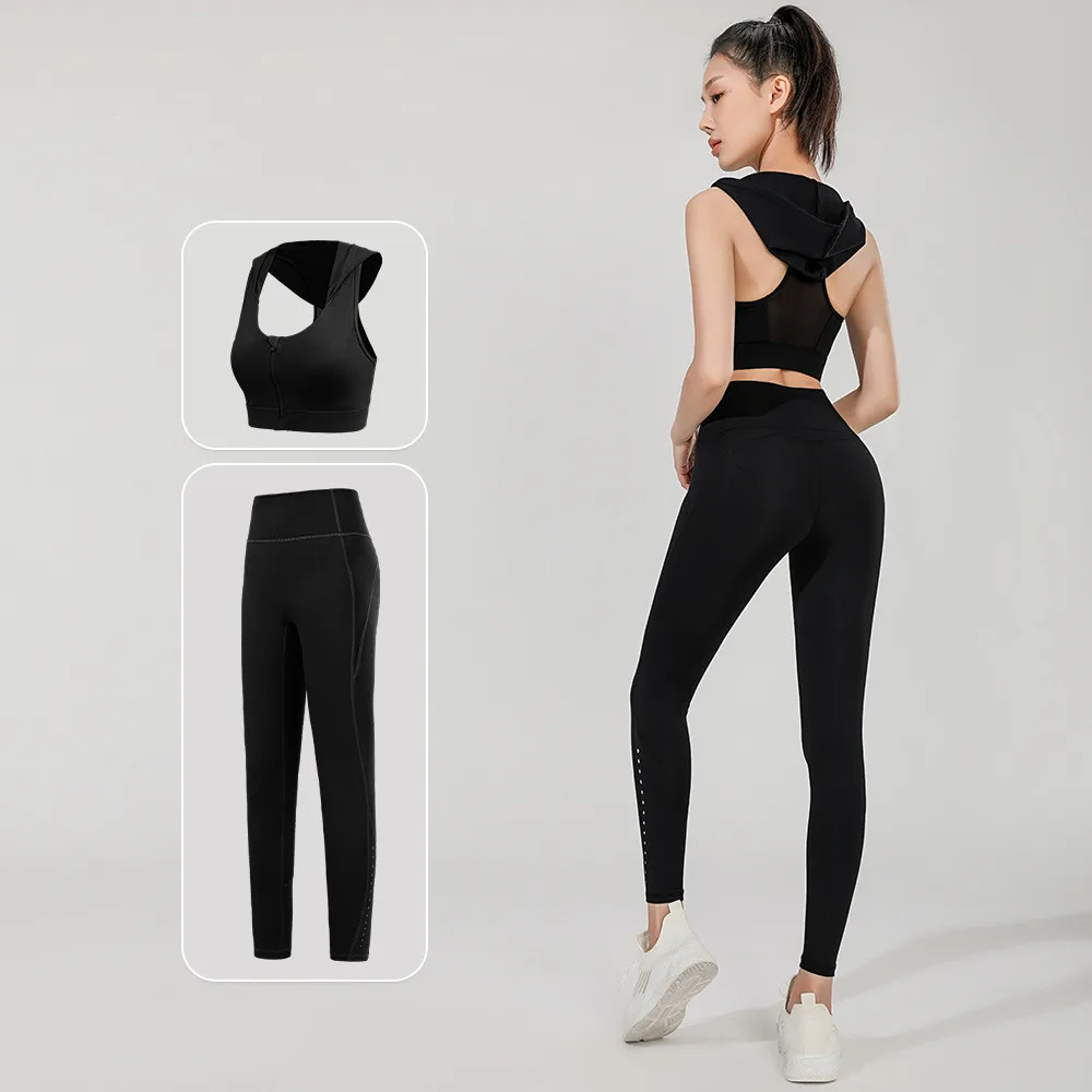 Front Zipper Bra+High Waist Leggings Women Pilates Clothes Yoga Two Piece Set Fitness Gym Suits Workout Running Sportswear