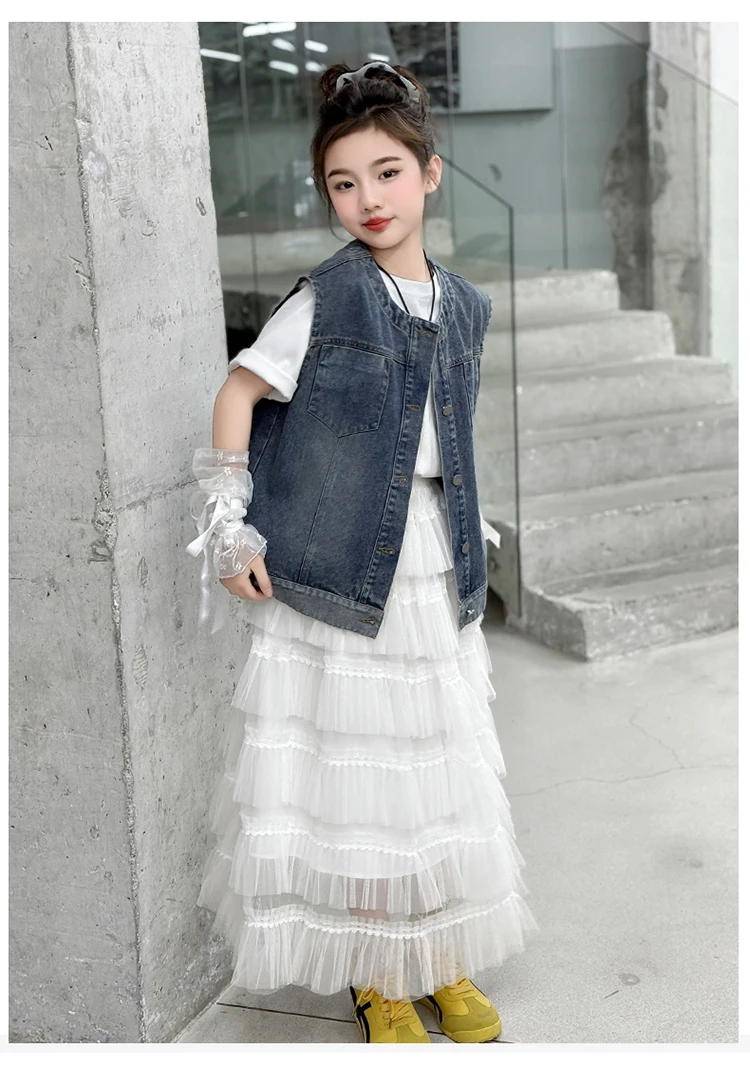 Elegante Kinder-Freizeit-Jeansweste mit Rundhalsausschnitt für Teenager-Mädchen im Alter von 5 6 7 8 9 10 11 12 13 14 Jahren, ärmellose Jacke, Weste. – Detail 8