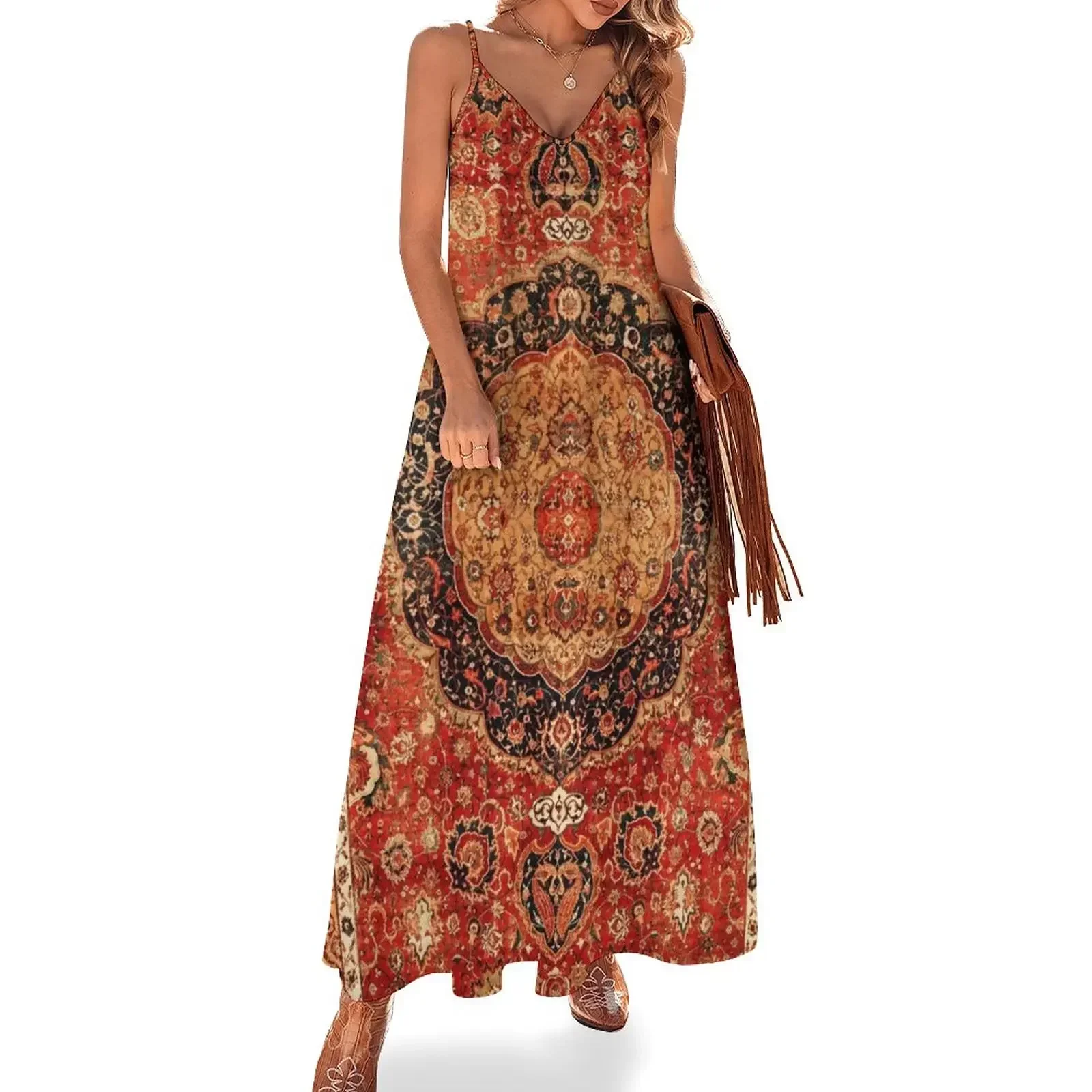 Seley Antique Persian Rug Print Sleeveless Dress Woman clothing evening dress womens dress