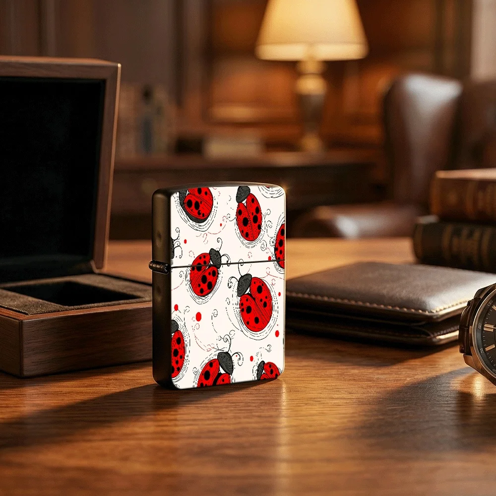Vintage Woodcut Style Flip Top Lighter, Ladybug Insect Print Pattern, For Collection & Daily Use