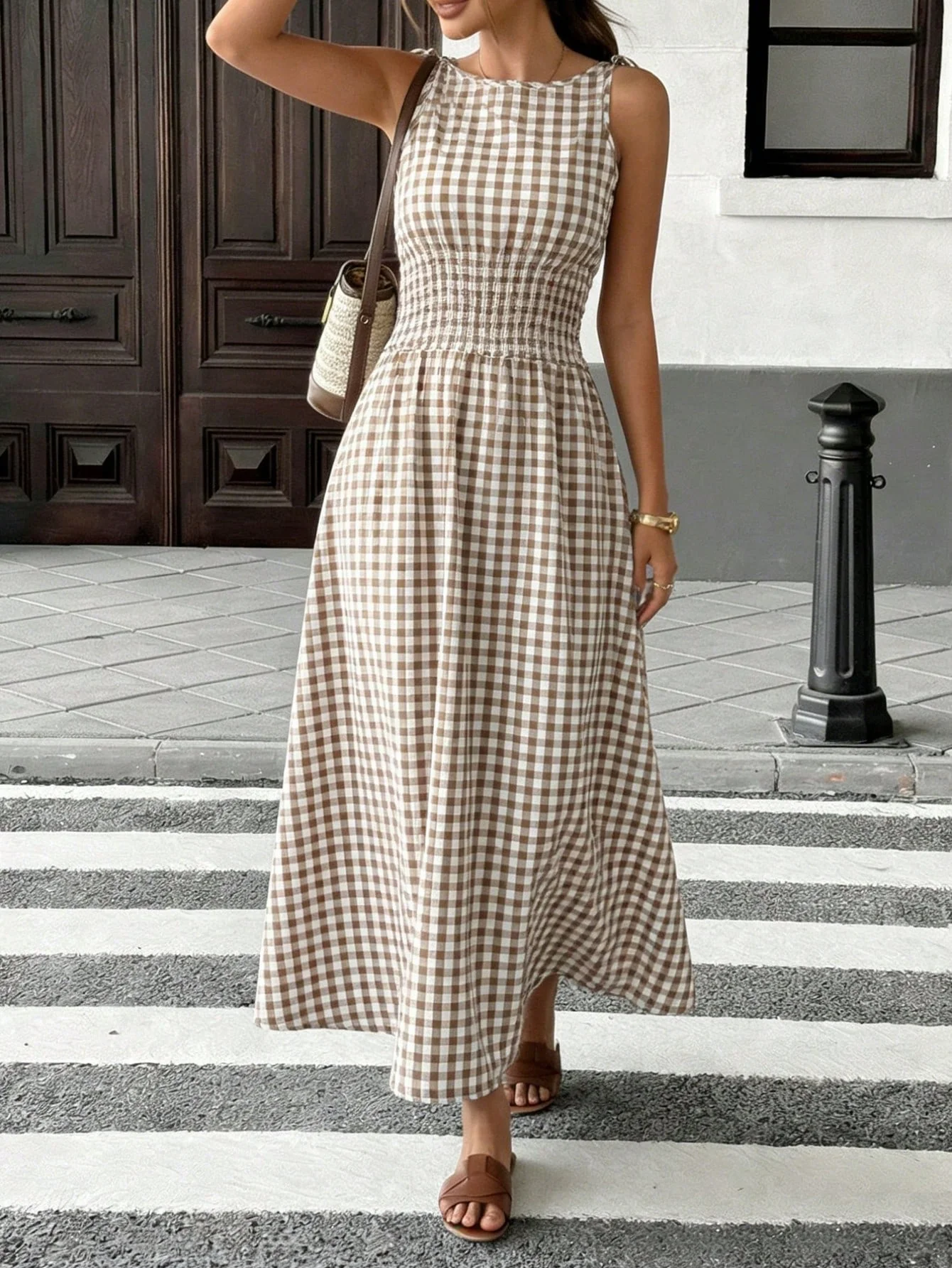 Sommermode Neuer Stil Frischer Ins-Stil Vielseitiges Gittermuster Taillenzugband Langes Kleid – Detail 11