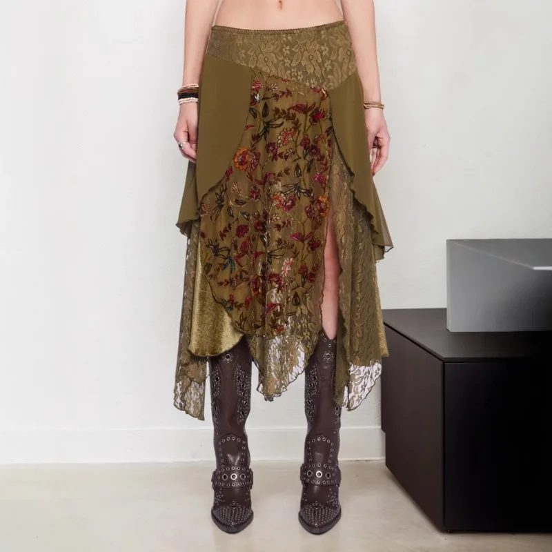 

American Retro Trend Lace Patchwork Irregular Floral Skirt 2025 Summer Contrasting Color Slimming Mid Length Skirt