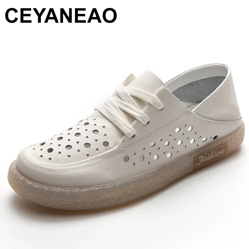 White Shoes Women's Flat Sports Two Wear New First Layer Cowhide Casual Board Shoes Openwork Maternity Single Shoes