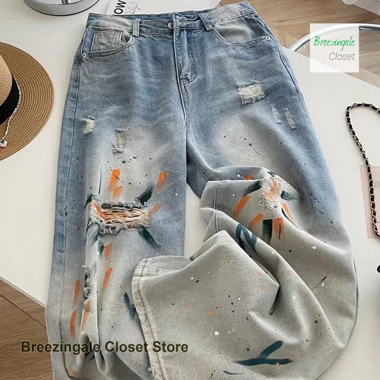 Korean style blue wide-leg jeans female summer new fashion temperament hole design spice girls loose drape straight pants.