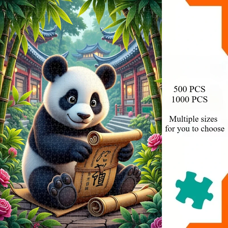 500/1000/1200/2000 PCS Puzzles for Cute Panda Reading A Scroll Jigsaw Puzzles Brain Challenge Game Gift Home Decor