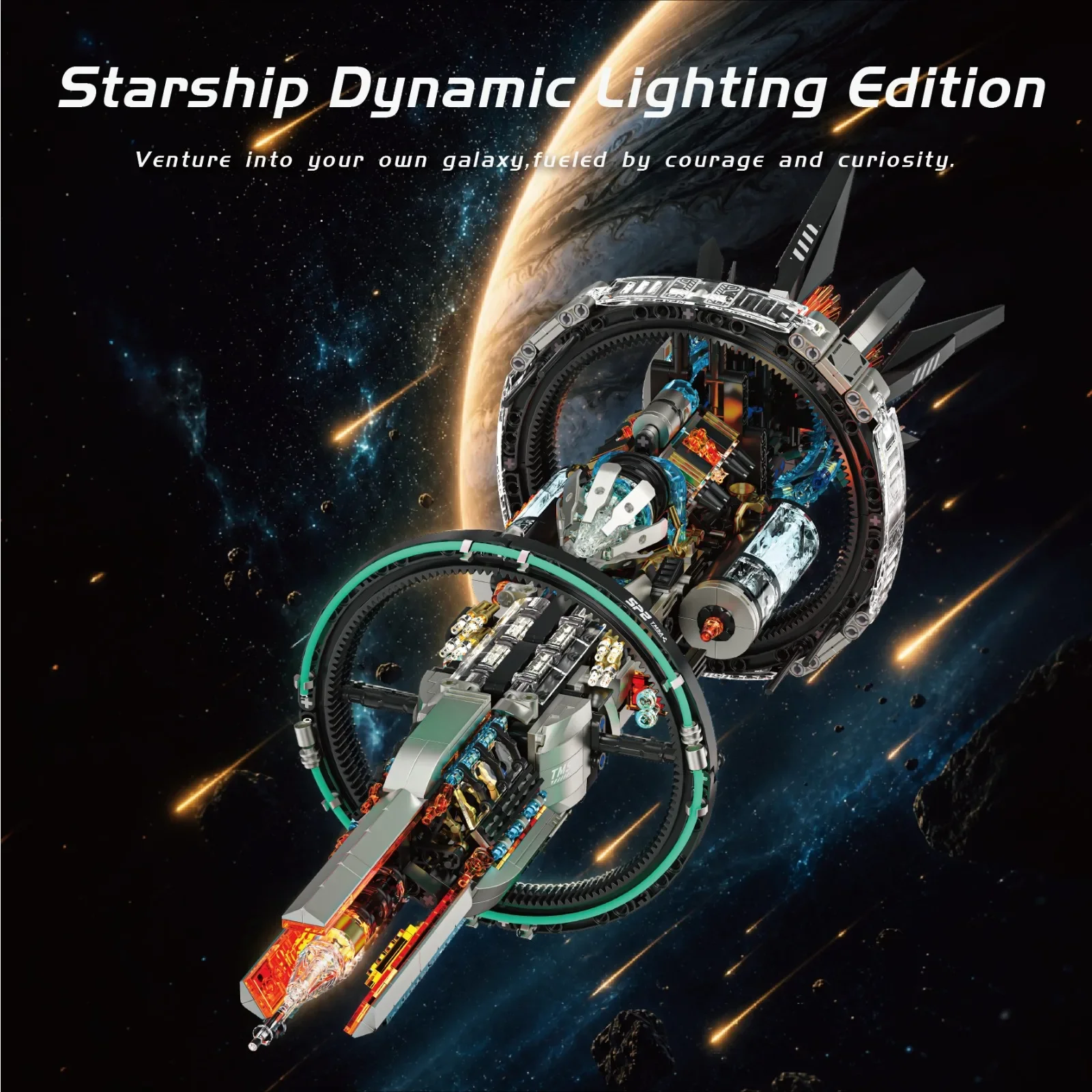 Sci-Fi Intergalactic Ring Spaceship Dynamic Lighting Building Blocks Model DIY Assembly Bricks Toy Birthday Gift for Adults