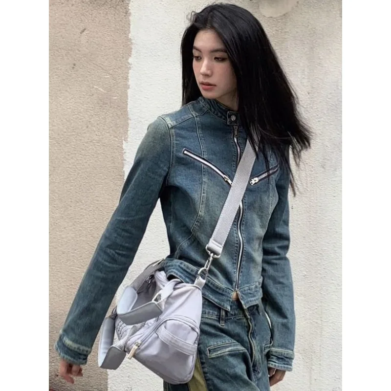 

Модная весенне-осенняя женская джинсовая укороченная куртка Harajuku Y2k, ковбойское пальто, тонкое винтажное пальто, японская джинсовая куртка в стиле гранж, топы на молнии