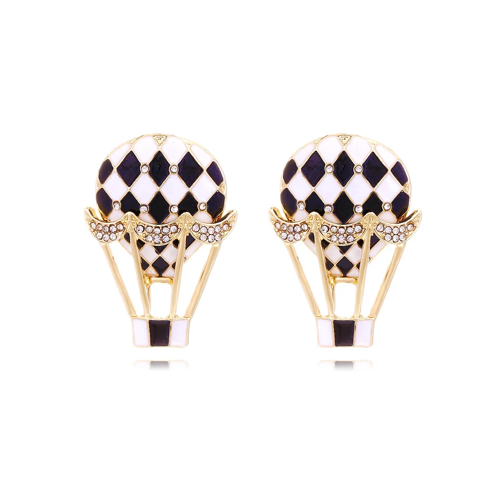 Black and white checkerboard oil dripping hot air balloon earrings, personality, diamond-encrusted checkerboard earrings, new ea