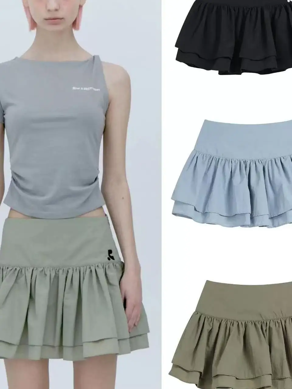 

High Waist Pleated Skirt Puffy Korean Sle ort A-Line Silhouette Women's Summer Faion f Body Skirts