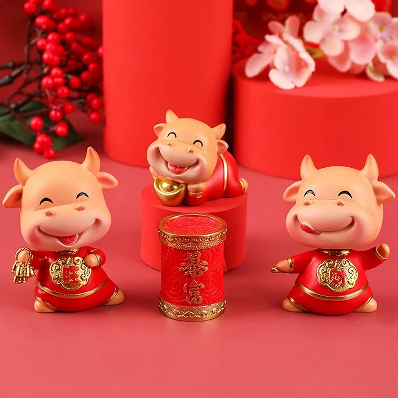 2021 Zodiac Ox Resin OX Year Miniature Figurine Auspicious Cow Decoration Bobblehead Resin Cattle Desktop Ornaments