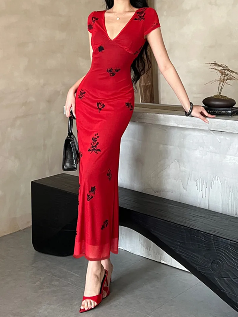 Feminine Charm Red V-neck Dress Elegant For Women's 2024 Summer New Slimming Elegance Long Dress Sweet Tops 2024 New 7PEO