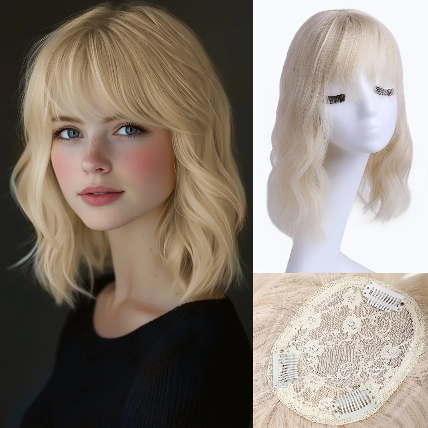 14 - Inch Wavy Hair Toppers for Women: Synthetic Wiglets with Bangs - Clip - In Hair Pieces for Seamless Volume and Style