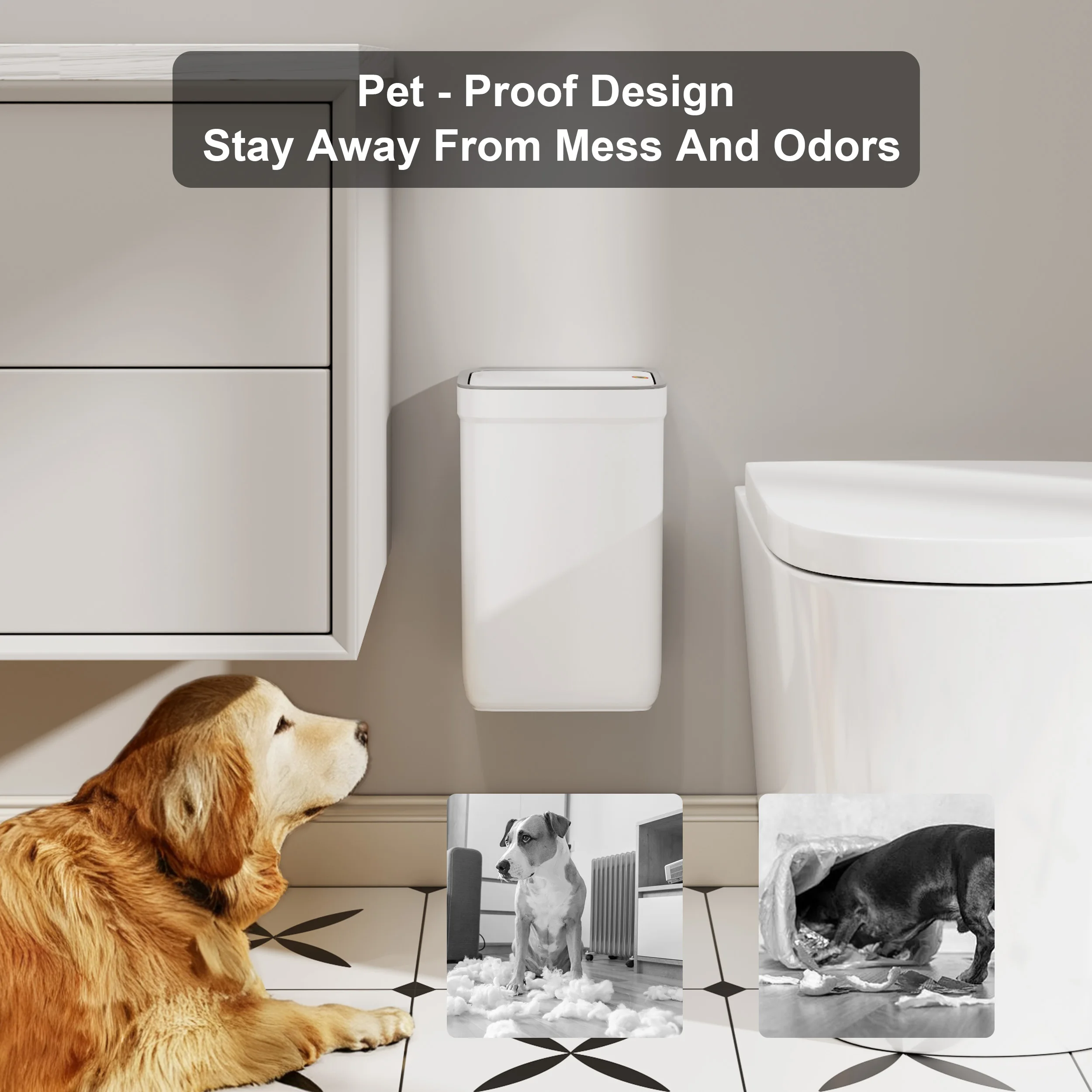 [Touchless Bathroom Trash Can] Odor-Sealing, Touchless Wall-Mounted Bathroom Trash Can | Durable Plastic, Rectangular Design