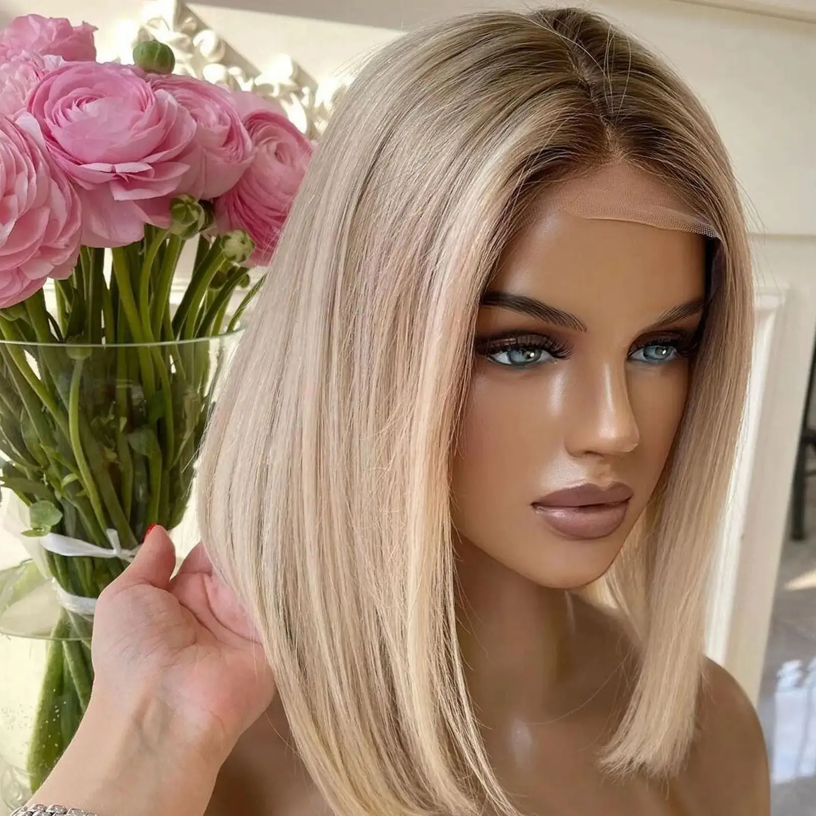 

Original Factory Wig Short Straight Bob Ombre Ash Blodne Swiss HD Trabsparent Lace Front Wig Preplucked Hairline Glueless Hair