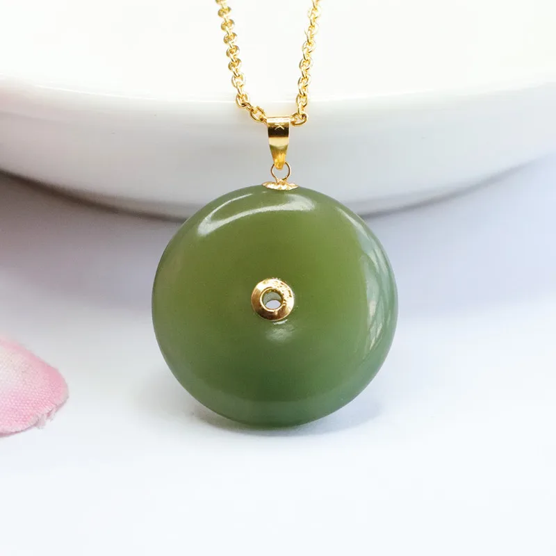 

18K Gold Ping An Kou Pendant Natural Hetian Jade Lucky Charm Necklace HT2071310