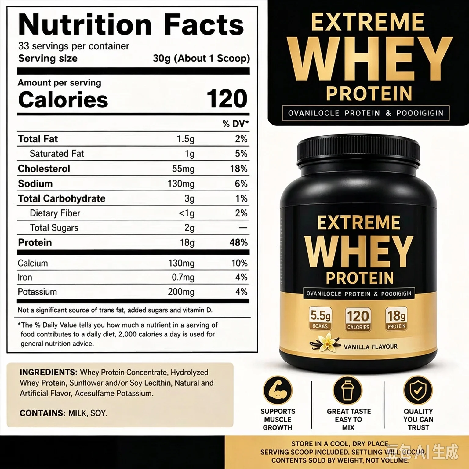 Whey Protein Powder White Mass Gainer Muscle Supplement Muscle Growth Sport Health Support for Gym Vanilla Flavor 1000g
