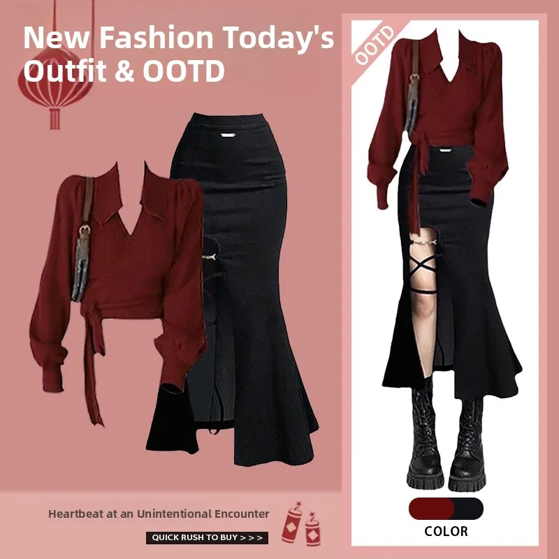 Faionable Knitted Sweater And Fi Tail Skirt Two Piece Set High Waist Midi Skirt  Knot Design for New Year Celebr...