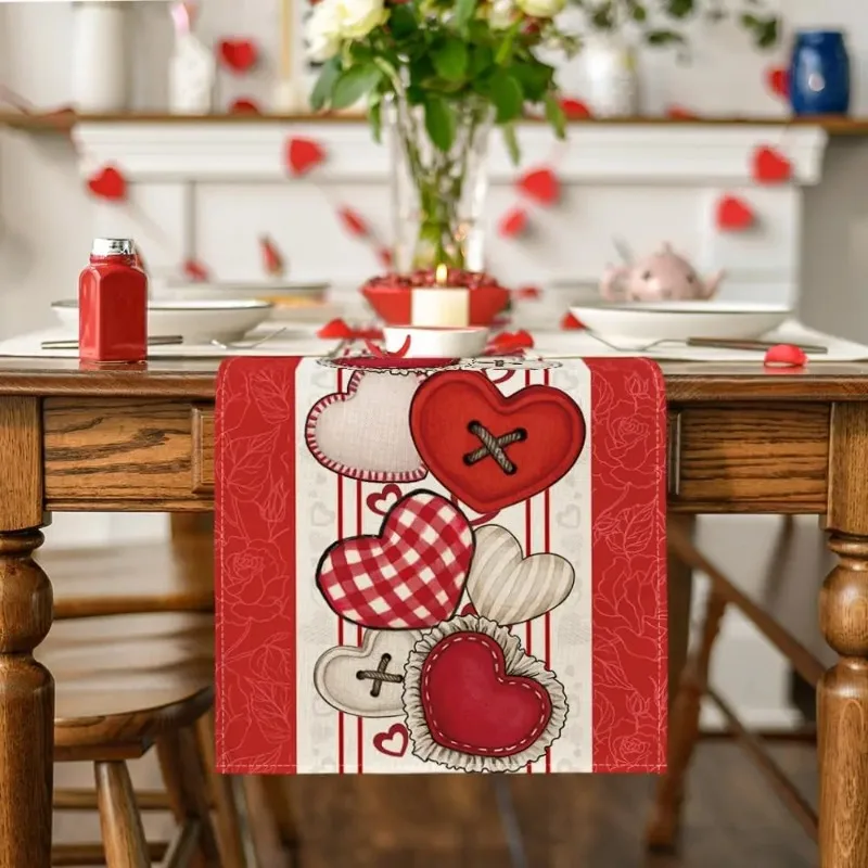 Valentine's Day Red Love Heart Buttons Linen Table Runners Holiday Party Decor Kitchen Dining Wedding Decorations