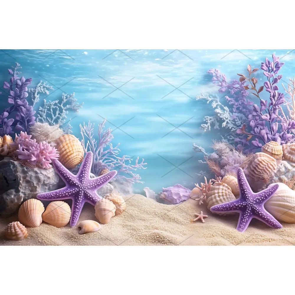 Toile de fond d'anniversaire sous la mer, thème du monde sous-marin, coquille d'étoile de mer, arrière-plan de photographie, décor de fête prénatale pour enfants