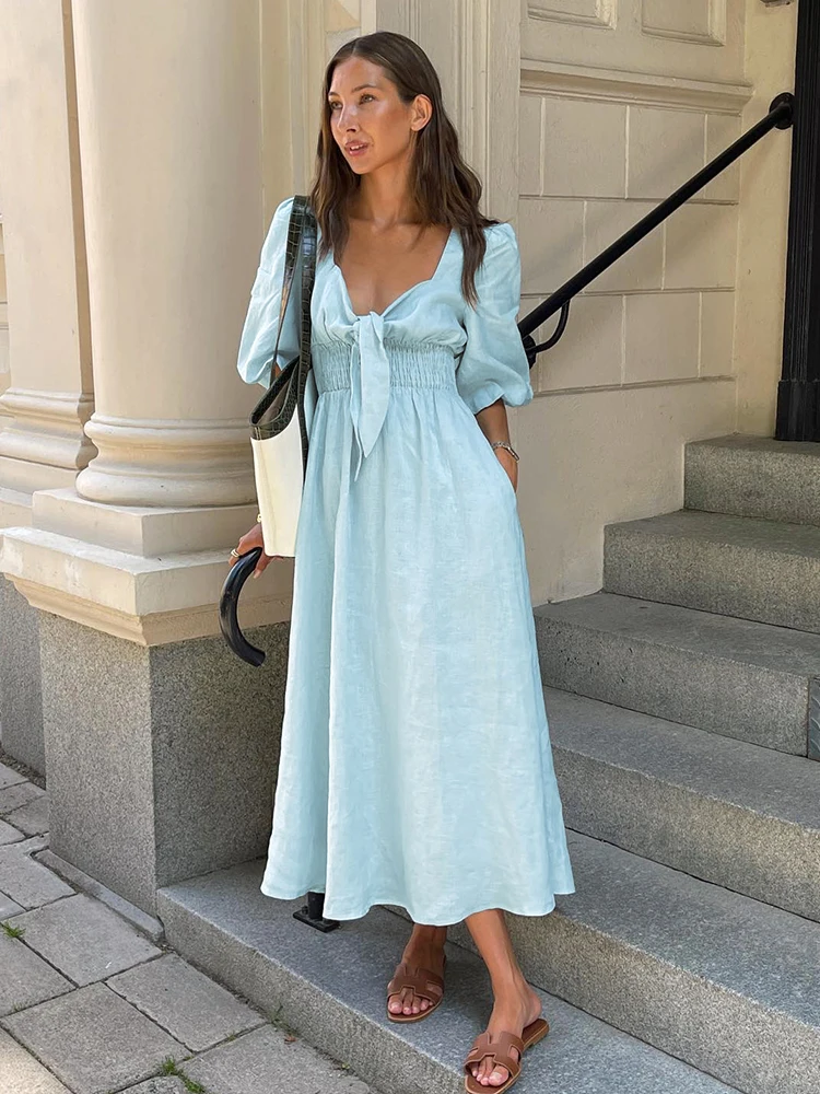 Mnealways18 Light Blue Tunic Dress Puff Sleeve Women Twist Vacation Cotton Linen Dress Ladies Boho Casual Chic Dress A-Line 2024