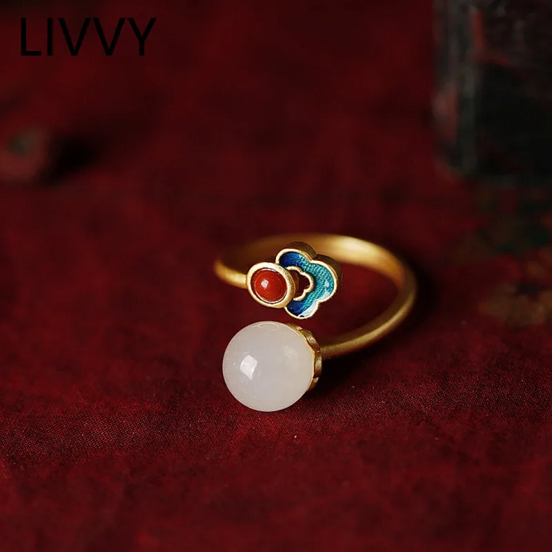 LIVVY Chinese Style Spherical Natural Stone Color Drop Glaze Adjustable Ring Women Simple Creative Design Jewelry Gifts