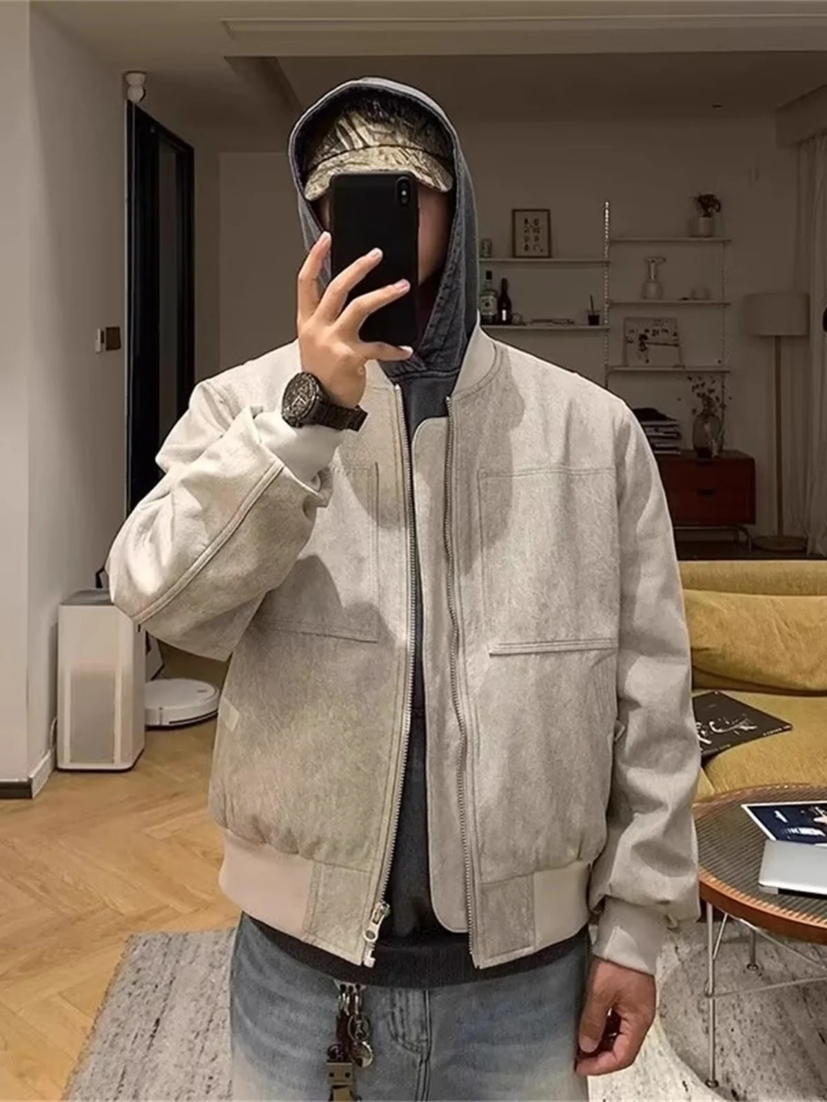 

Cleanfit American Sle Workwear Jaet Men's ort Stand Collar Baseball Pilot Coat Spring Autumn Loose Fit Multket Polye...