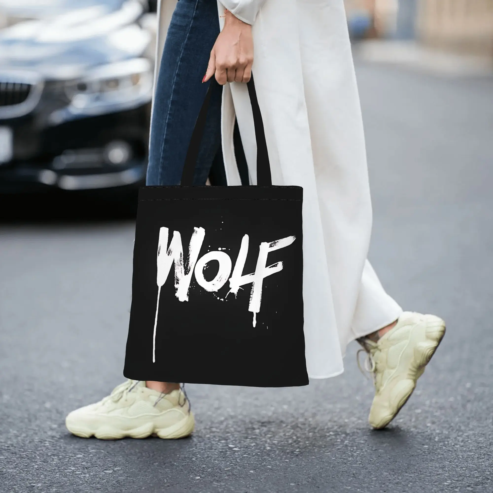 Customized Cool WOLF Women's Bag Shopping Bag Reusable Double Sided Canvas Tote Bag Shoulder  Handbag