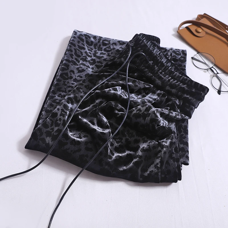 Matakawa Velvet Pants Women Autumn Winter Leopard Vintage Loose Drawstring Pantalones De Mujer Korean Fashion Trousers