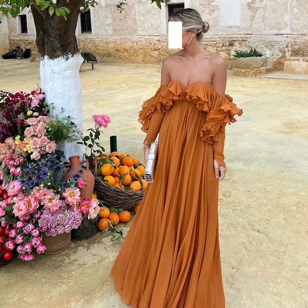 Sexy Strapless Chiffon Ruffles Evening Dress Plus Size Dresses For Occasions Off the Shoulder Straight Solid Color Short Sleeves