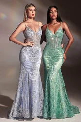 Spaghetti Straps Mermaid Prom Dresses Elegant Women's V-neck Backless Girl's Pageant Dress Appliques Lace Sequins Evening Gowns