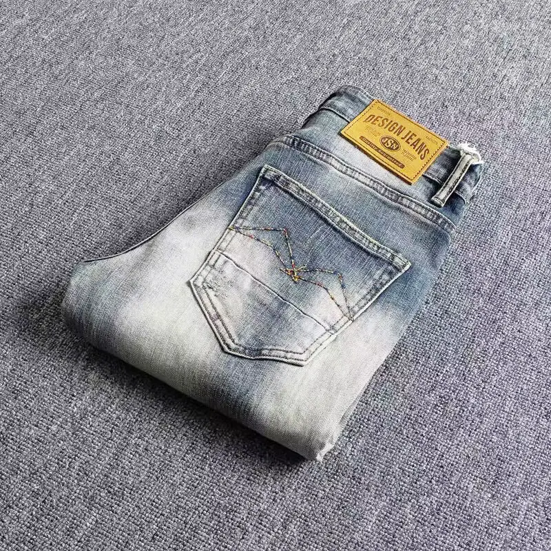 Newly Designer Fashion Men Jeans High Quality Retro Blue Stretch Elastic Slim Fit Ripped Jeans Men Vintage Denim Pants Hombre