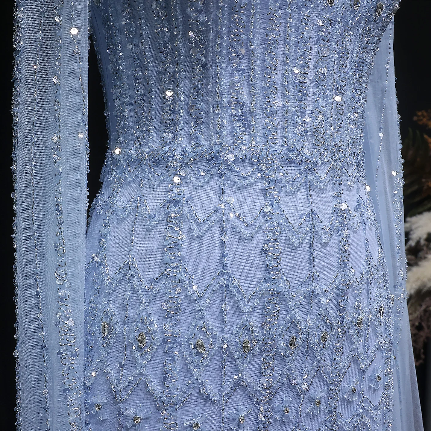 Sharon Said Luxuriöses Blaues Tüll-Abendkleid mit Cape-Ärmeln, Kristall-Pailletten, Damen-Hochzeitskleid, Partykleid, Ballkleid SS150, Maßanfertigung – Detail 9