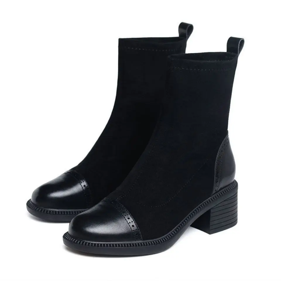 Round Toe Half High Boots for Women Black Warm 2025 New Trend Fashion Boot Chic and Elegant Gothic Luxury Mid Calf Shoes Woman