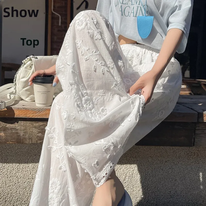 

Elegant Embroidered High Waist Wide Leg Pants Casual Drapey Fashionable Korean Style Simple Pure Color Machine Embroidery