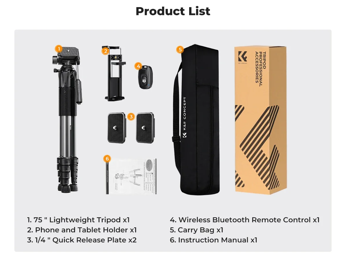 K&F CONCEPT Camera Statief 75" Lichtgewicht Draagbaar Reisstatief Buiten DSLR Statieven voor Camera Smartphone Livestream Filmen Vloggen
