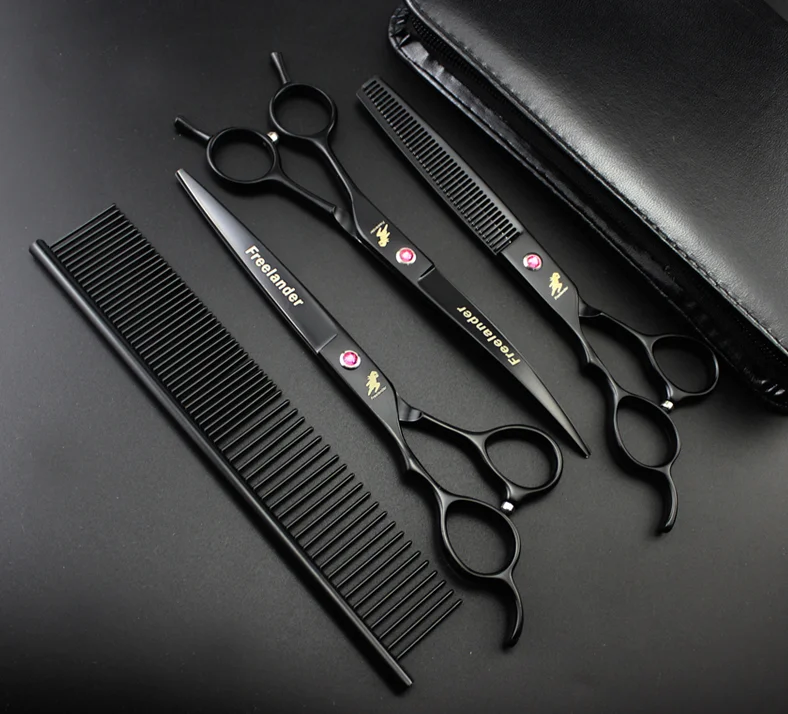 

Professional Black 7 Inch Dog Caring for Horses Scissors Pet Levers Scissors Kit Cutting Curved Thinning Steel Comb and Bag