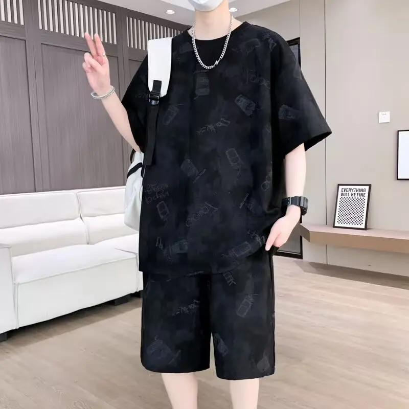 

Men's Casual Sports Ice Silk Cotton Qui Dry Thin ort Sve orts Two Piece Set Summer Teenage Polyester T-irt