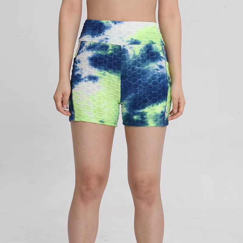 Women's High-Waisted Tie-Dye Bubble Jacquard Yoga Shorts - Butt-Lifting Fitness Workout Shorts with Pockets, Euro-American Style