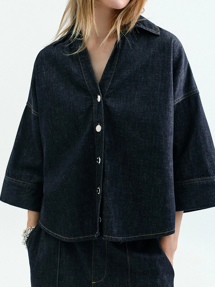 Faionable Wide Sve Umlegekragen Denim irt Damen Herbst Neuankömmling Süßes Temperament Pendeln Sle Loose Fit irt