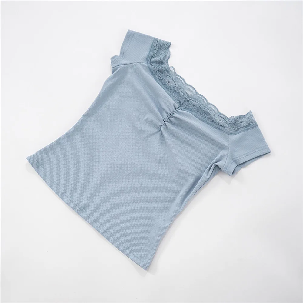 Mulheres rendas guarnição fora do ombro topos verão fino ajuste ruched manga curta recortada camisetas casual cor sólida camiseta para streetwear y2k