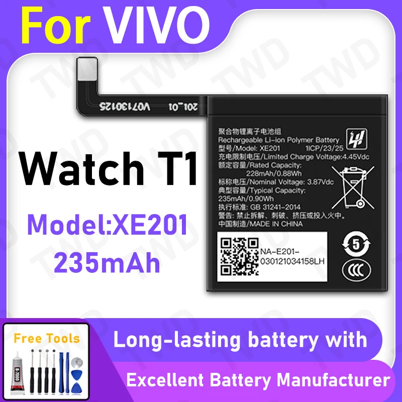 100% New 235mAh XE201 Battery For vivo Watch T1 Replacement Bateria+Free Tools