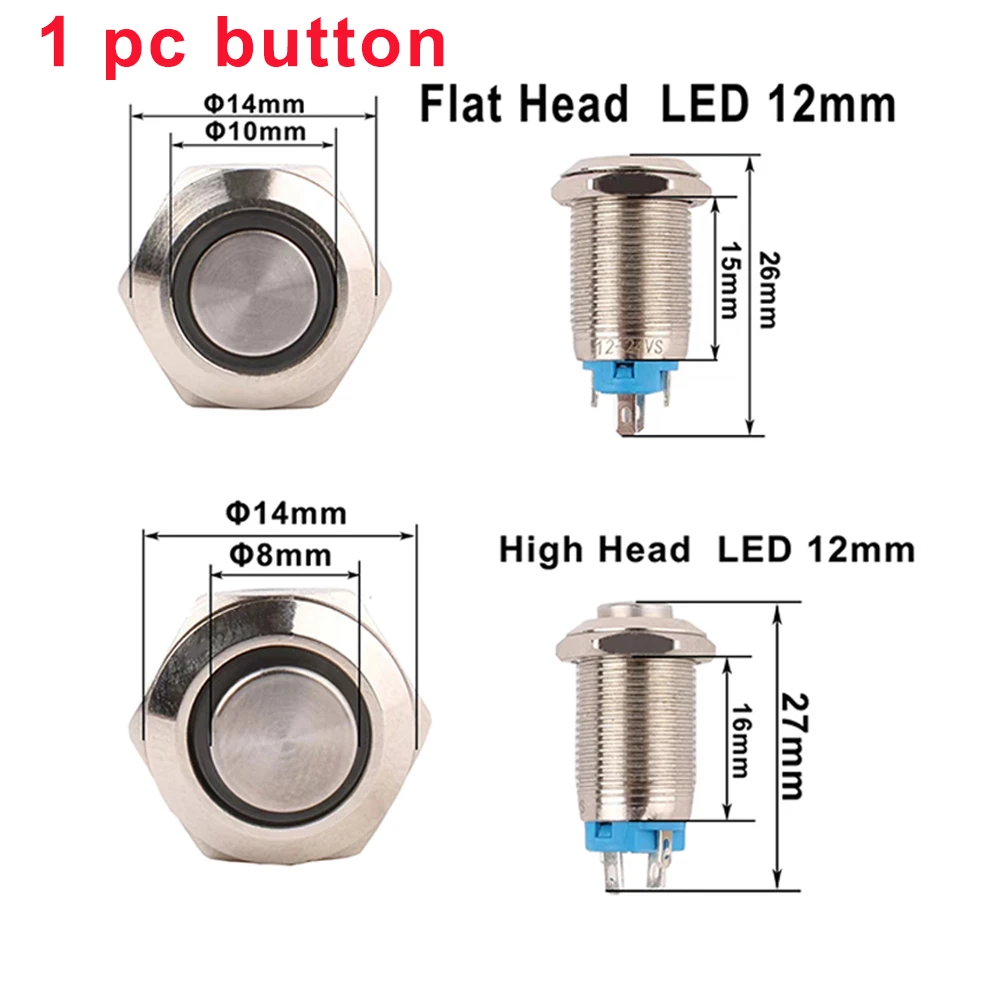 1pc 12mm Waterproof Anti-Vandal Metal Push Button Annular Switches Momentary Latching 3V 24V 1NO Green Red
