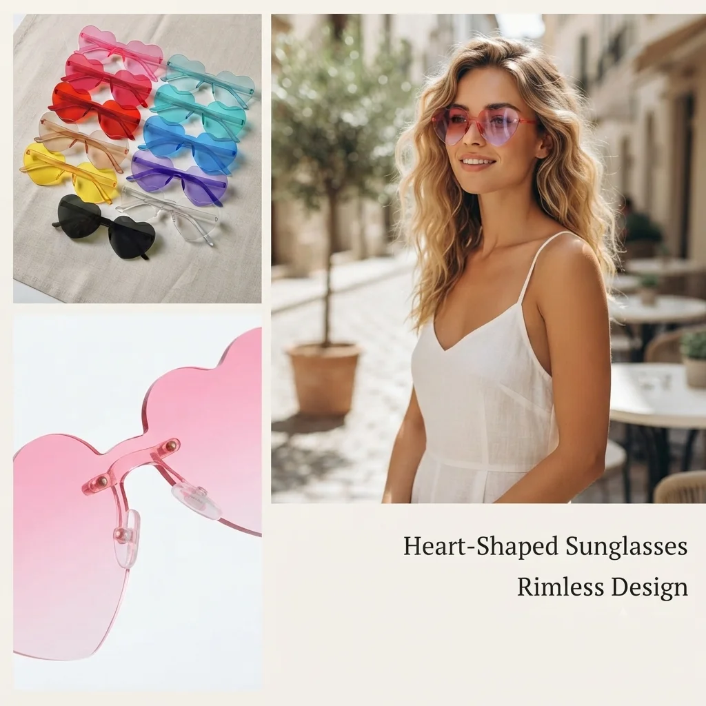 1PCS Fashion Heart Shaped Colors Sunglasses Candy Color Rimless Fun Heart Sunglasses Women Men Party Heart Sun Glasses
