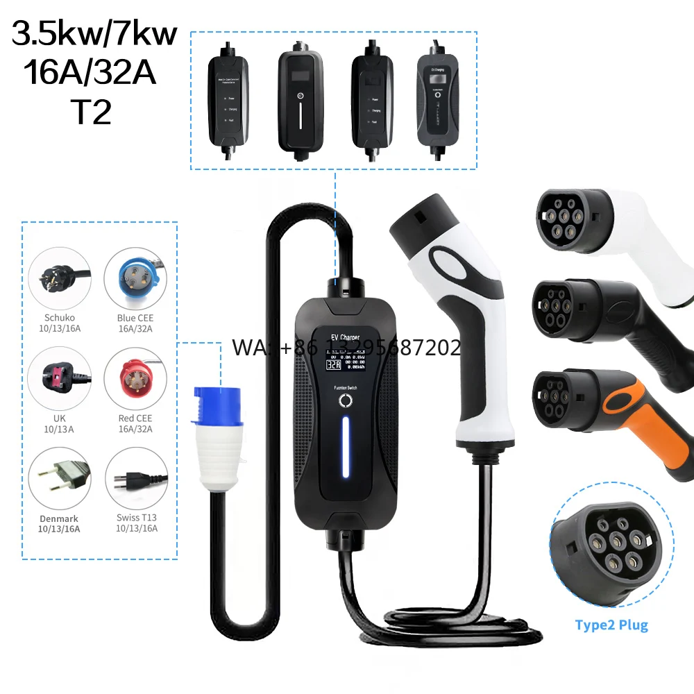 

Custom Various Models 3.5kw 7kw 16A 32A Type 2 Type 1 GB Mobile Level 2 Ac Station OLCD Screen Portable Ev Charger