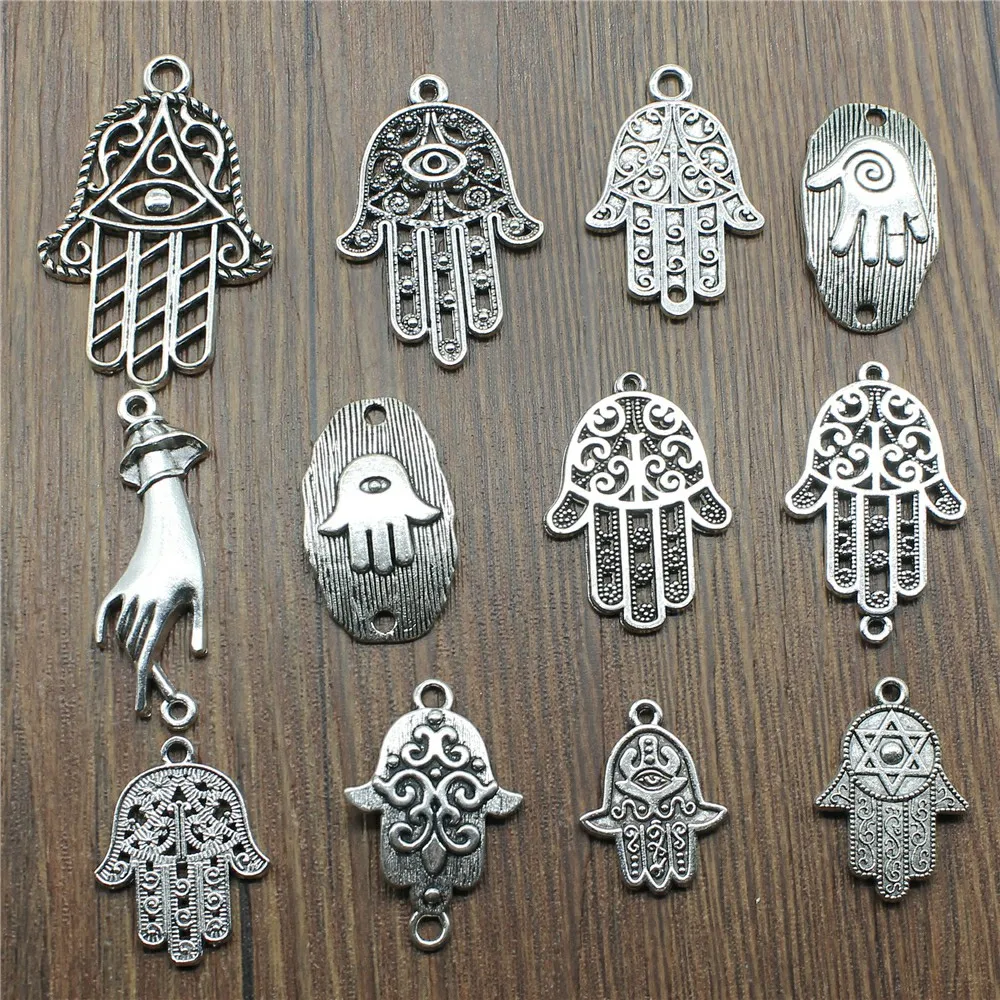 10 sztuk / partia Charms Hamsa Hand Antique Silver Color Hamsa Hand Charms wisiorki do bransoletek Lufthansa Hand Charms Wholesale — zdjęcie 2