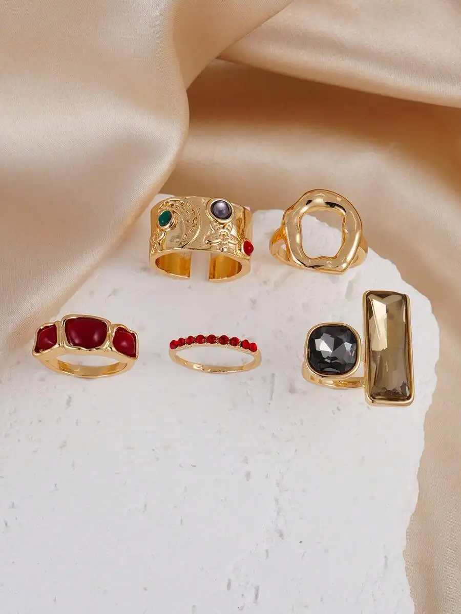 

5pcs Colorful Crystal Faux Gemstone Stackable Geometric Rings For Women