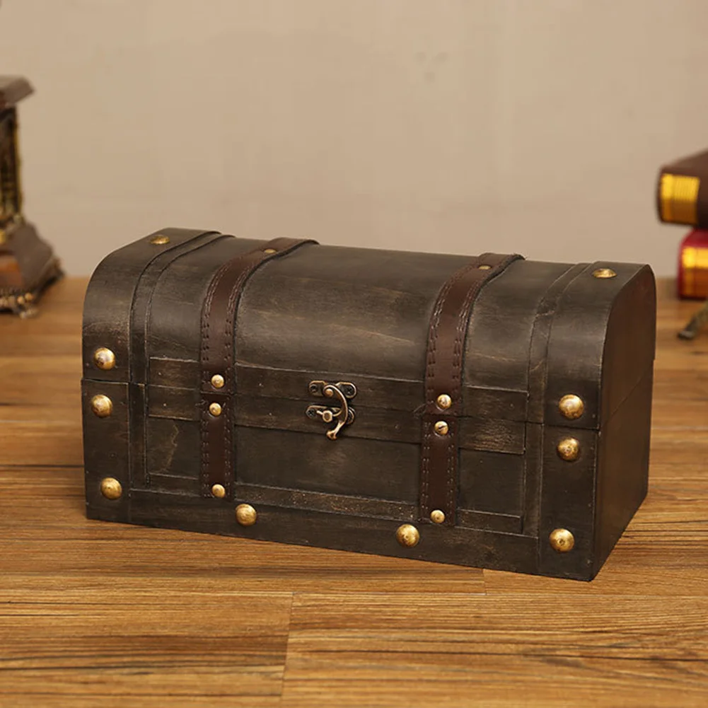 European Retro Wooden Box Red Leather Vintage Treasure Chest Dust-proof Storage Box Photography Shoo