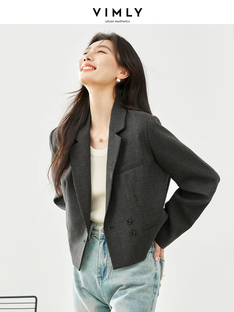 Vimly Women's Cropped Blazer Jacket 2024 Spring Elegant Office Business Tailored Coat Notched Collar Female Outerwear M513