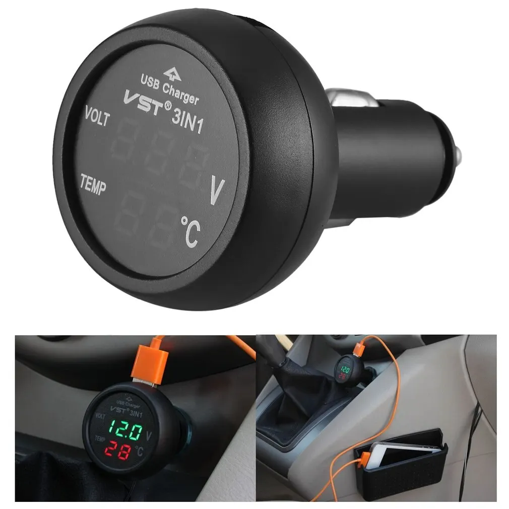 Car Cigarette Lighter Voltmeter Thermometer Digital LED Car Truck USB Charger 12V/24V Temperature Meter Voltmeter 3 in 1/ 2 in 1