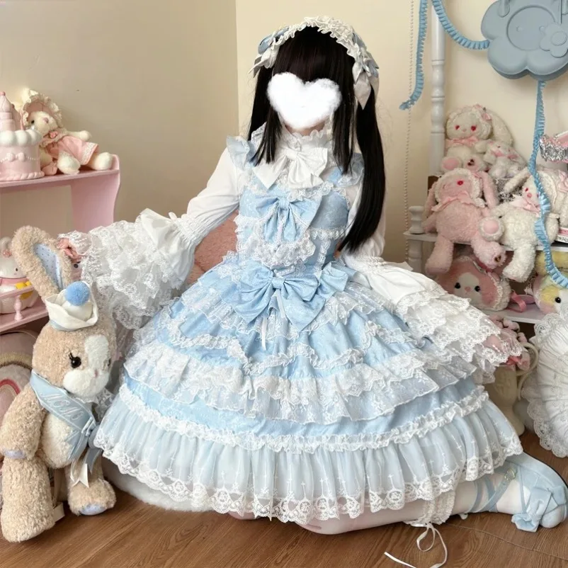 Sweet Lolita Jsk Dress Women Kawaii Cute Lace Victorian Ruffles Flower Wedding Bow Dress Japanese Vintage Elegant Princess Dress - view 3